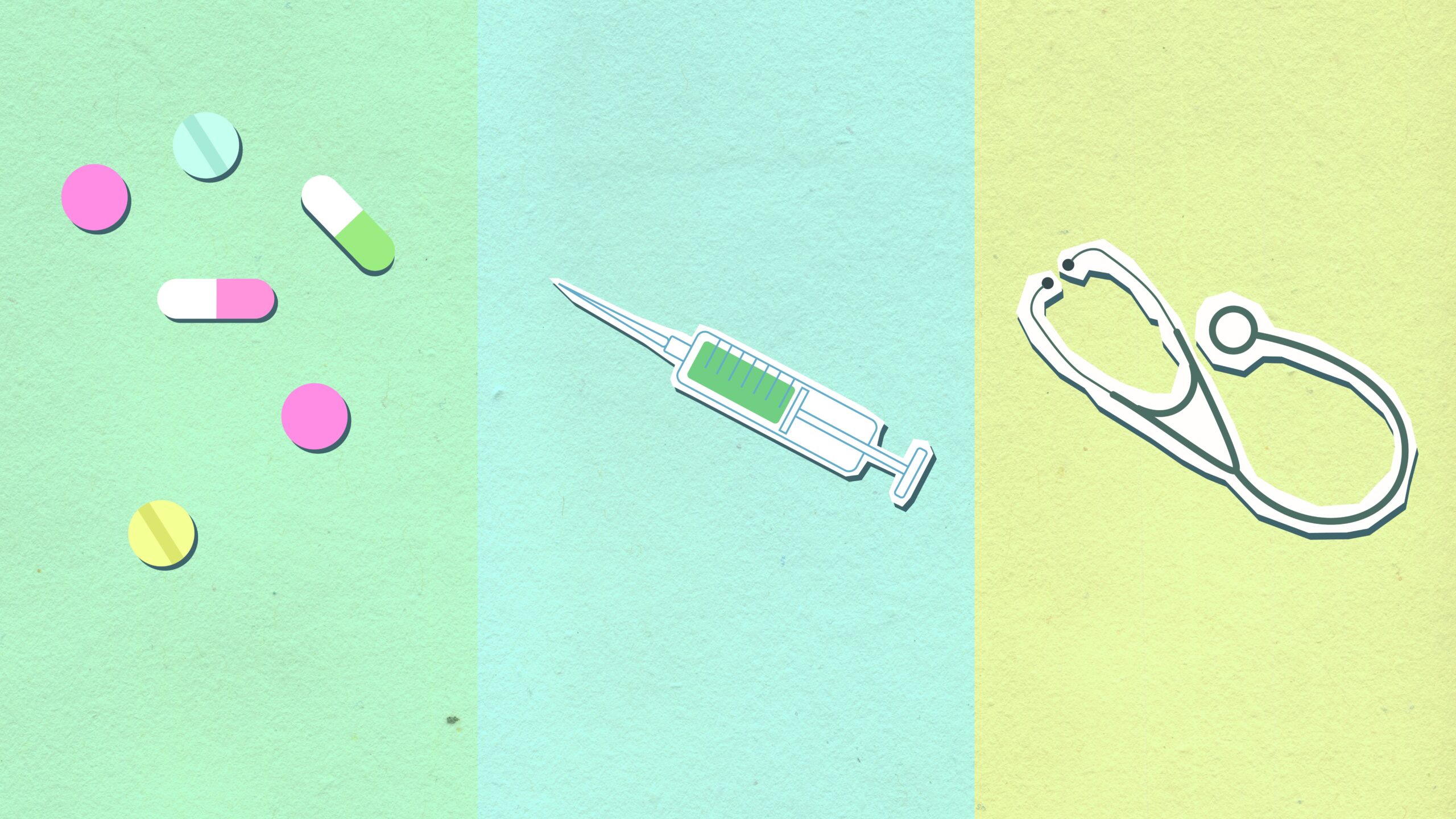 Top view of decorative cardboard appliques representing assorted medications near syringe with vaccine and stethoscope